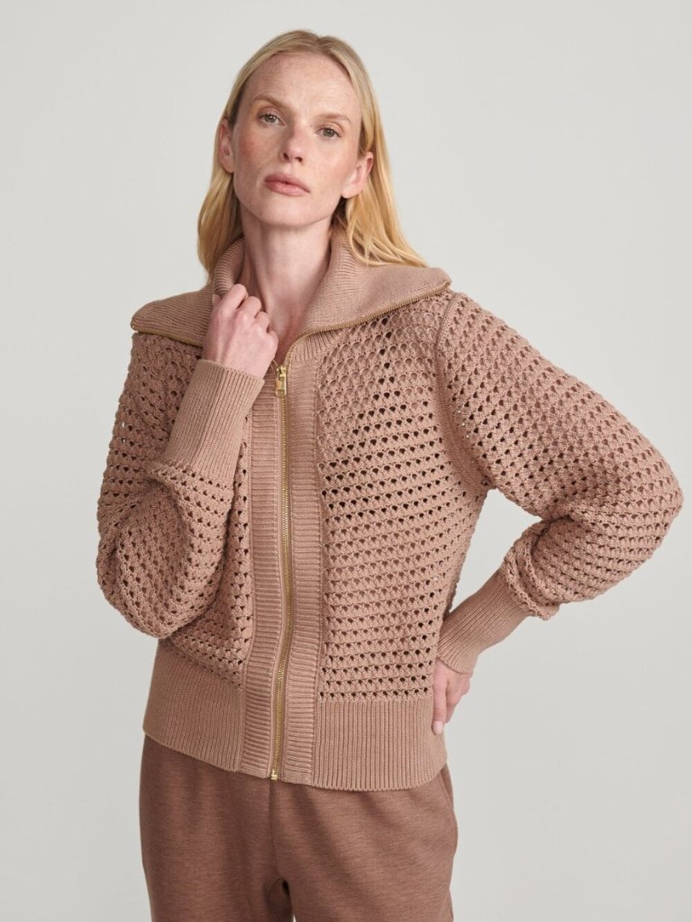 Varley Eloise Zip Through Knit Sweater Tan Warm Taupe Sz Medium